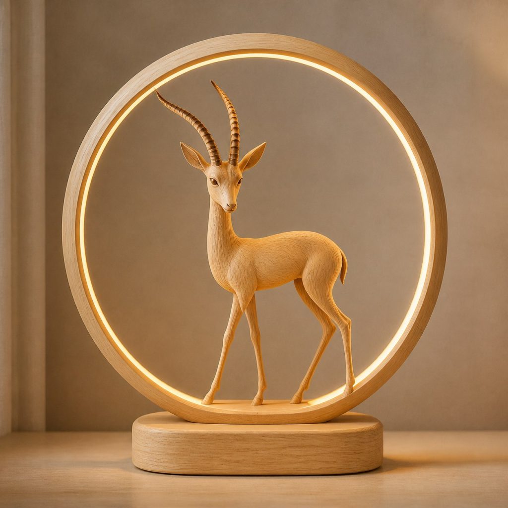 Gazelle Sun-Ring Lamp shown as an original square photorealistic gazelle lamp made from natural light-yellow wood with fine grain and warm diffused light