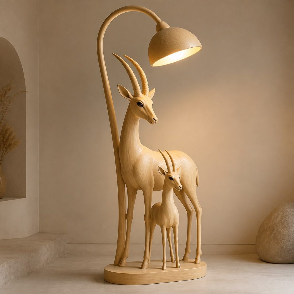 Paired Gazelle Floor Lamp shown as an original square photorealistic gazelle lamp made from natural light-yellow wood with fine grain and warm diffused light
