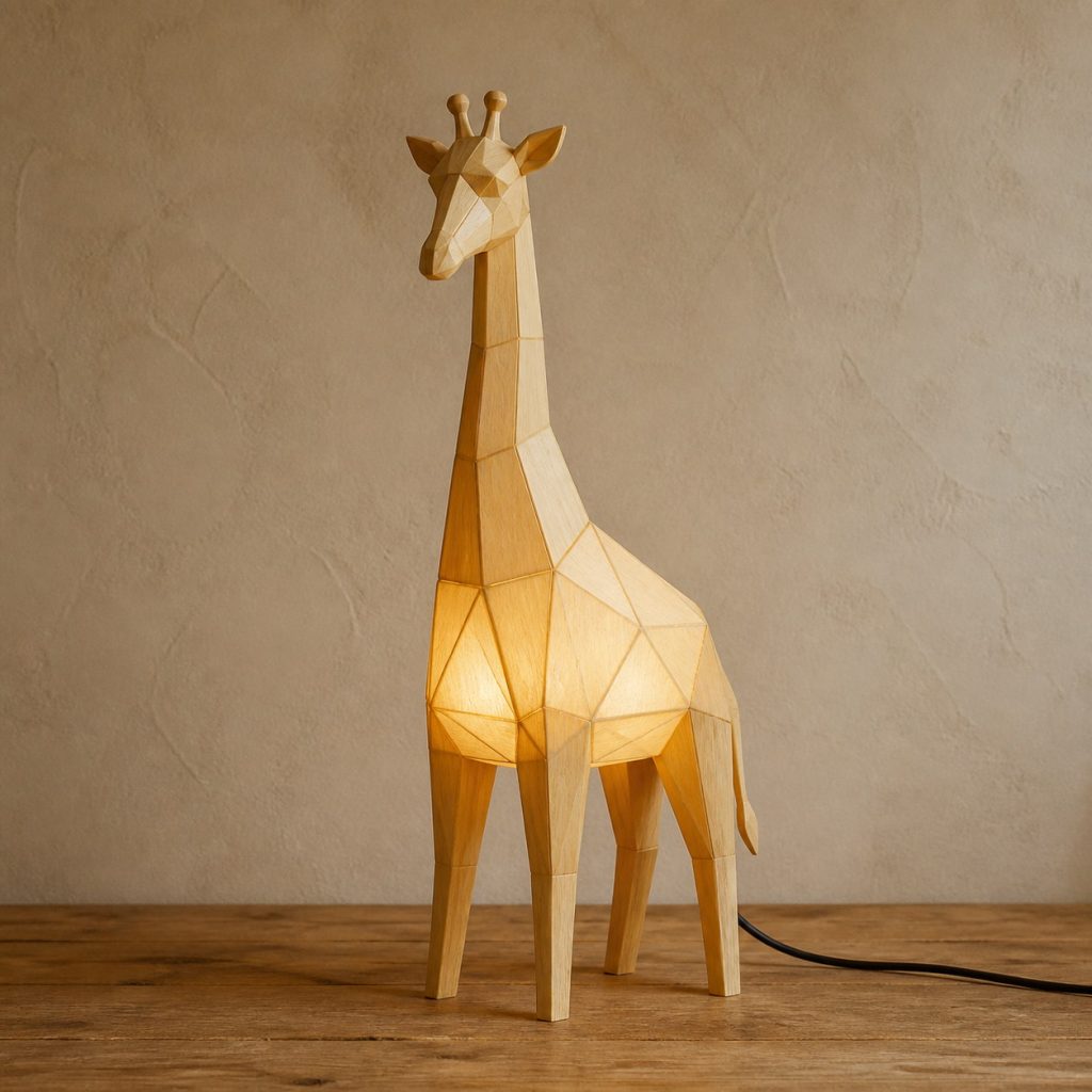 Faceted Light-Yellow Giraffe Lamp shown as an original square photorealistic light-yellow wood giraffe lamp made from natural light-yellow wood with fine grain and warm diffused light