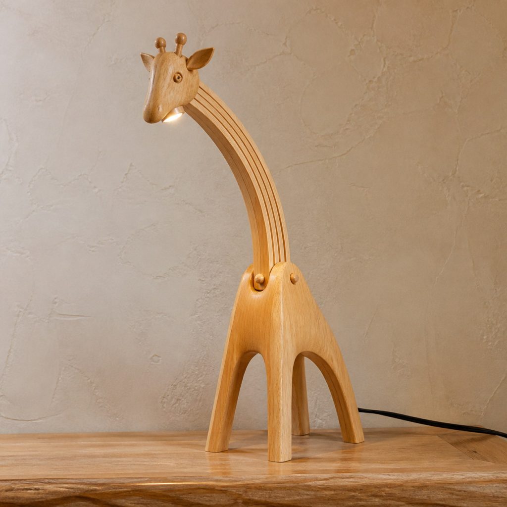 Giraffe-Neck Desk Lamp shown as an original square photorealistic light-yellow wood giraffe lamp made from natural light-yellow wood with fine grain and warm diffused light