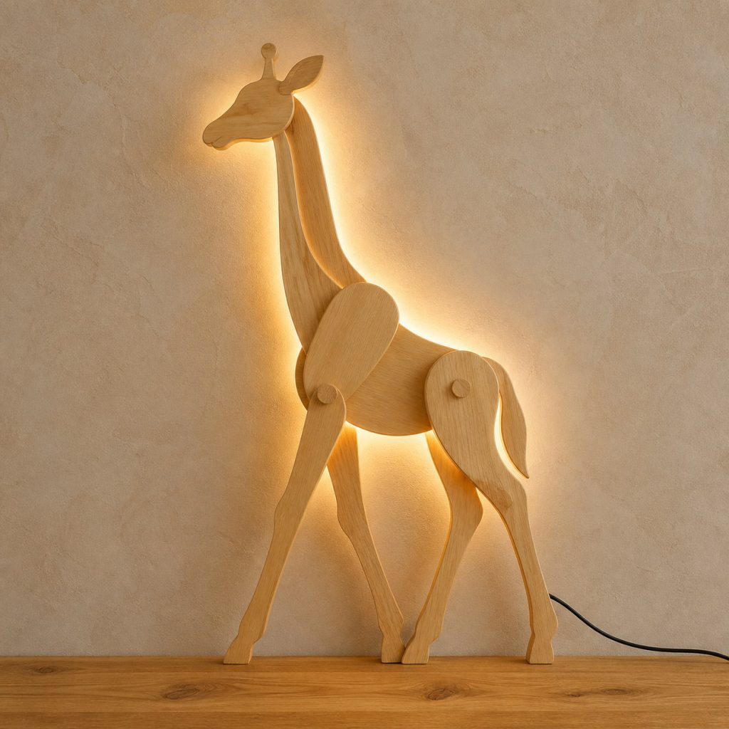 Walking Giraffe Wall Sconce shown as an original square photorealistic light-yellow wood giraffe lamp made from natural light-yellow wood with fine grain and warm diffused light