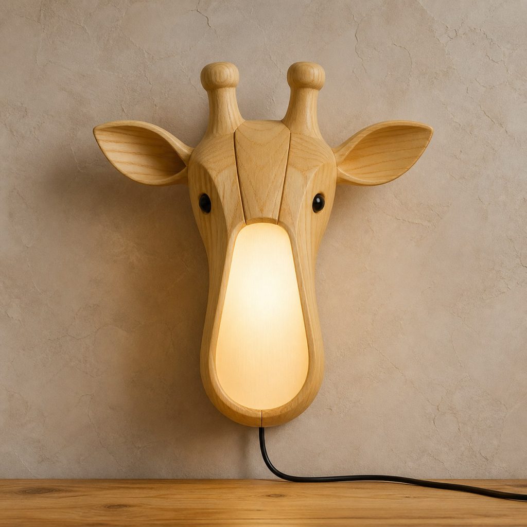 Giraffe Face Wall Lamp shown as an original square photorealistic light-yellow wood giraffe lamp made from natural light-yellow wood with fine grain and warm diffused light