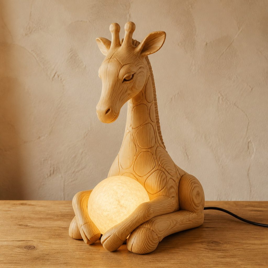 Giraffe Calf Orb Lamp shown as an original square photorealistic light-yellow wood giraffe lamp made from natural light-yellow wood with fine grain and warm diffused light