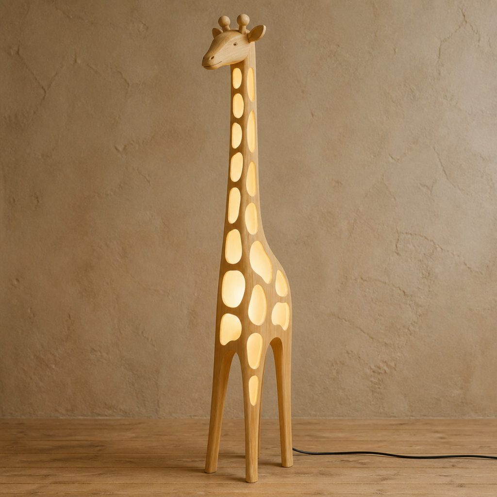 Giraffe-Spot Floor Lamp shown as an original square photorealistic light-yellow wood giraffe lamp made from natural light-yellow wood with fine grain and warm diffused light