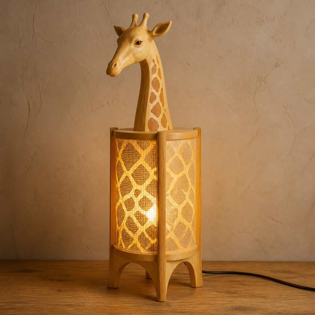 Savanna Giraffe Lantern shown as an original square photorealistic light-yellow wood giraffe lamp made from natural light-yellow wood with fine grain and warm diffused light
