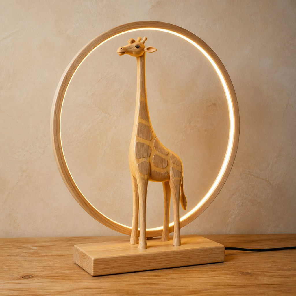 Giraffe-and-Sun Ring Lamp shown as an original square photorealistic light-yellow wood giraffe lamp made from natural light-yellow wood with fine grain and warm diffused light