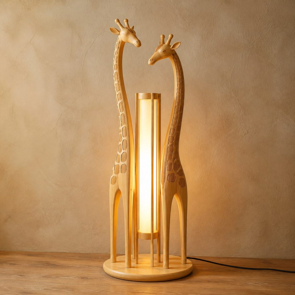 Twin-Neck Giraffe Floor Lamp shown as an original square photorealistic light-yellow wood giraffe lamp made from natural light-yellow wood with fine grain and warm diffused light