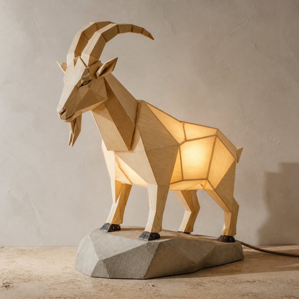 Faceted Mountain Goat Lamp shown as an original square photorealistic goat lamp made from natural light-yellow wood with fine grain and warm diffused light