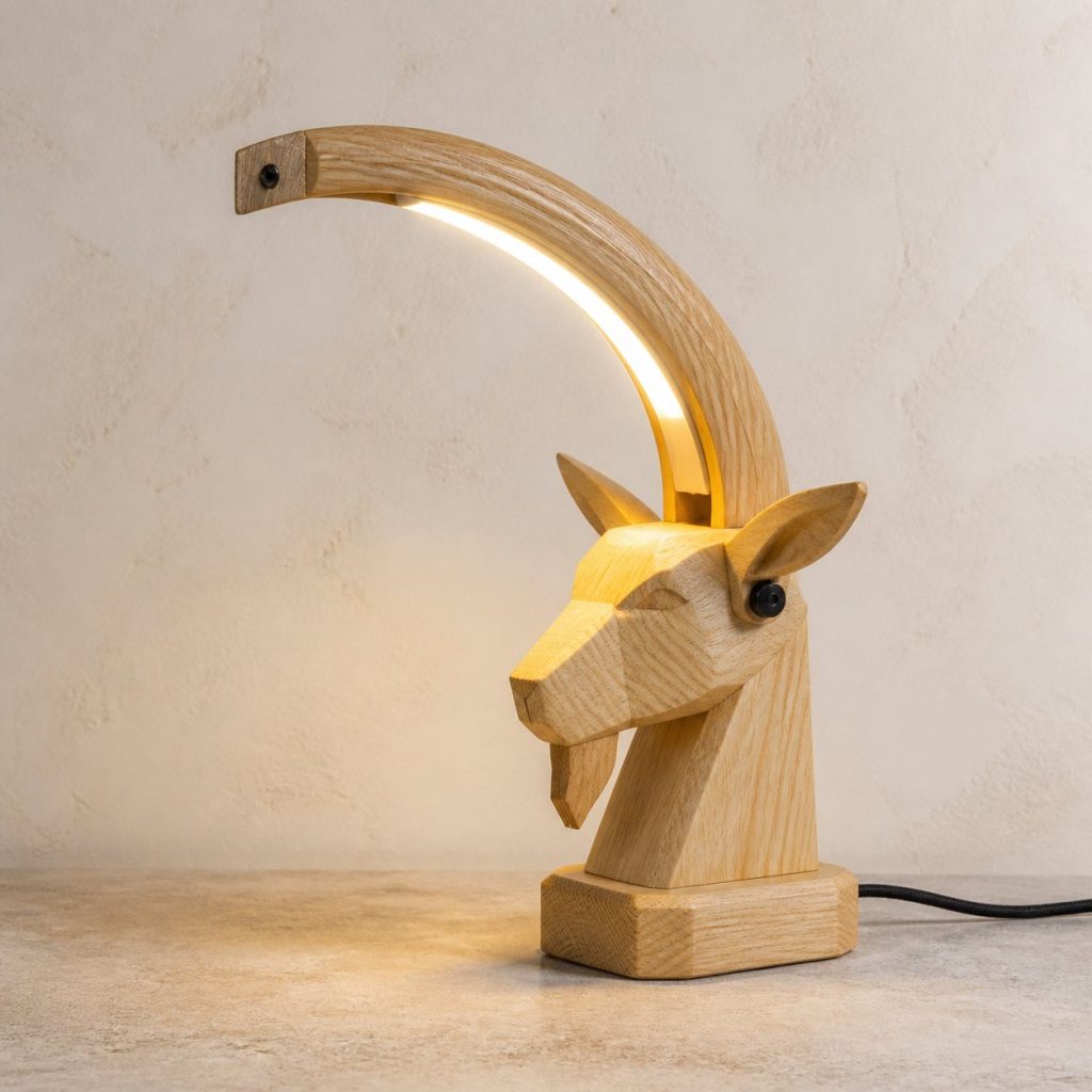Goat-Horn Desk Task Lamp shown as an original square photorealistic goat lamp made from natural light-yellow wood with fine grain and warm diffused light