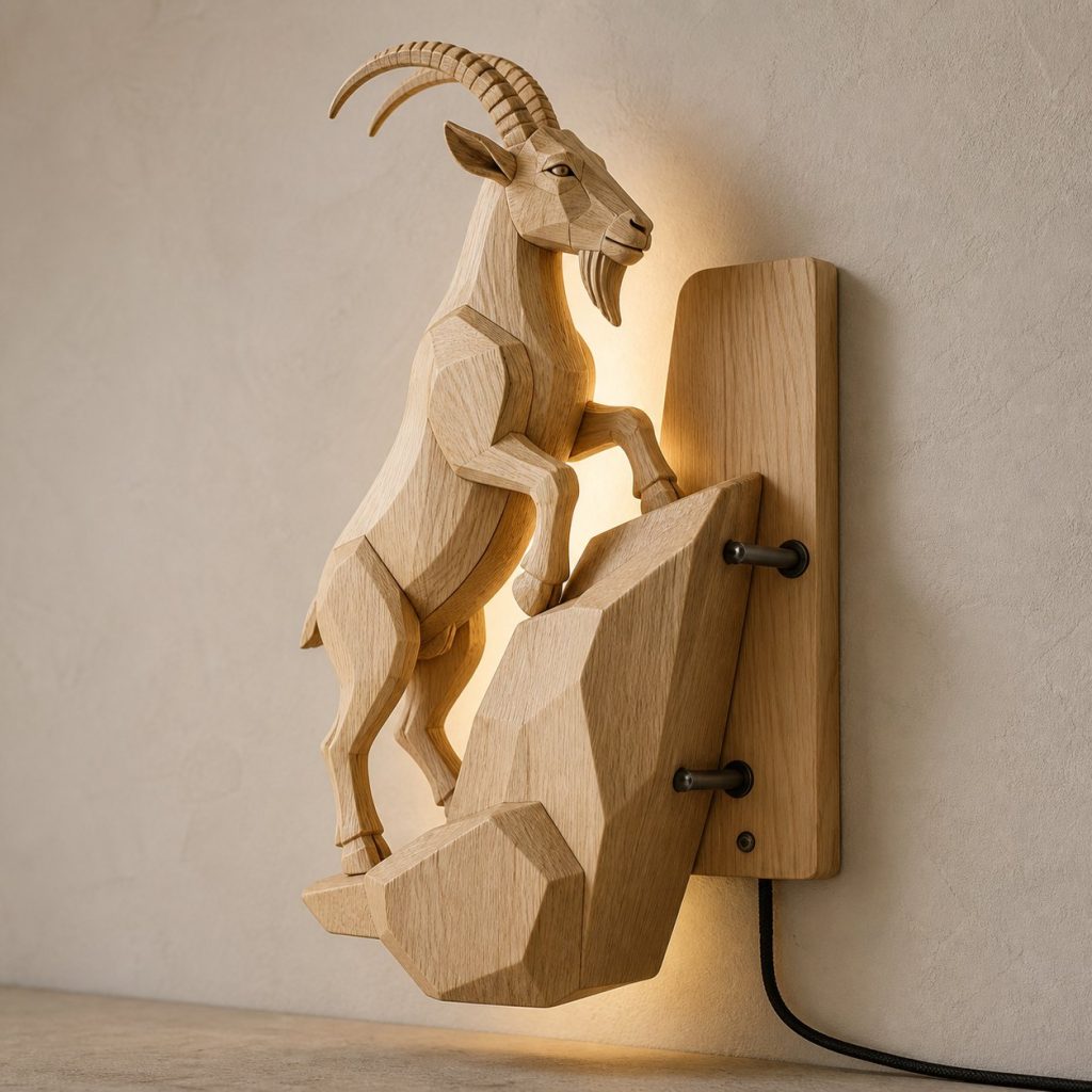 Climbing Goat Wall Sconce shown as an original square photorealistic goat lamp made from natural light-yellow wood with fine grain and warm diffused light