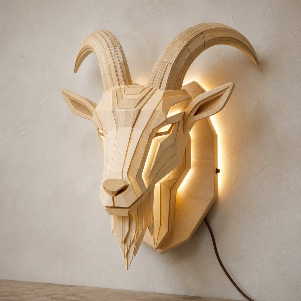 Layered Goat Face Wall Lamp shown as an original square photorealistic goat lamp made from natural light-yellow wood with fine grain and warm diffused light