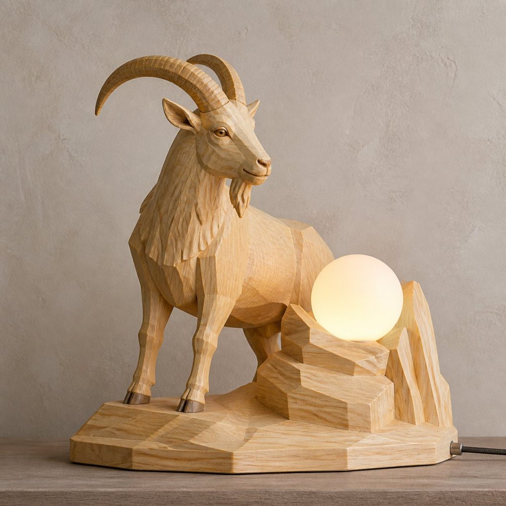 Goat Mountain Orb Lamp shown as an original square photorealistic goat lamp made from natural light-yellow wood with fine grain and warm diffused light