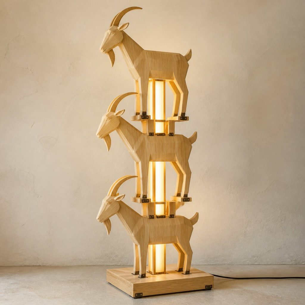 Stacked Goat Floor Lamp shown as an original square photorealistic goat lamp made from natural light-yellow wood with fine grain and warm diffused light