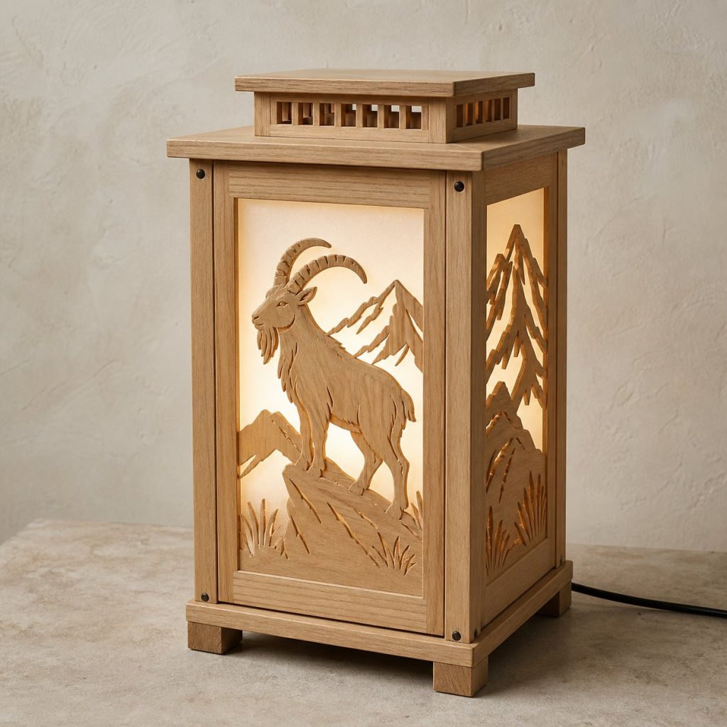 Mountain Goat Lantern shown as an original square photorealistic goat lamp made from natural light-yellow wood with fine grain and warm diffused light
