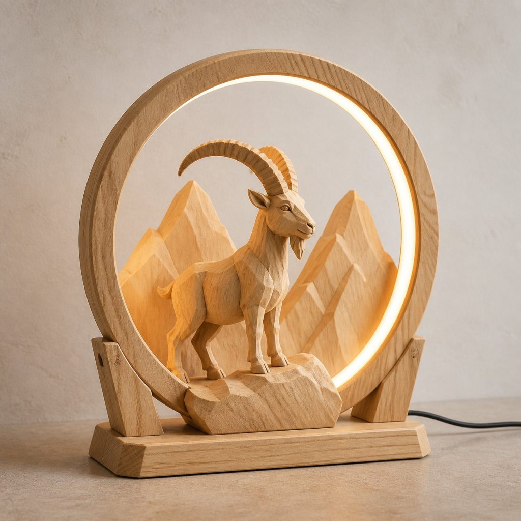 Goat-and-Mountain Ring Lamp shown as an original square photorealistic goat lamp made from natural light-yellow wood with fine grain and warm diffused light