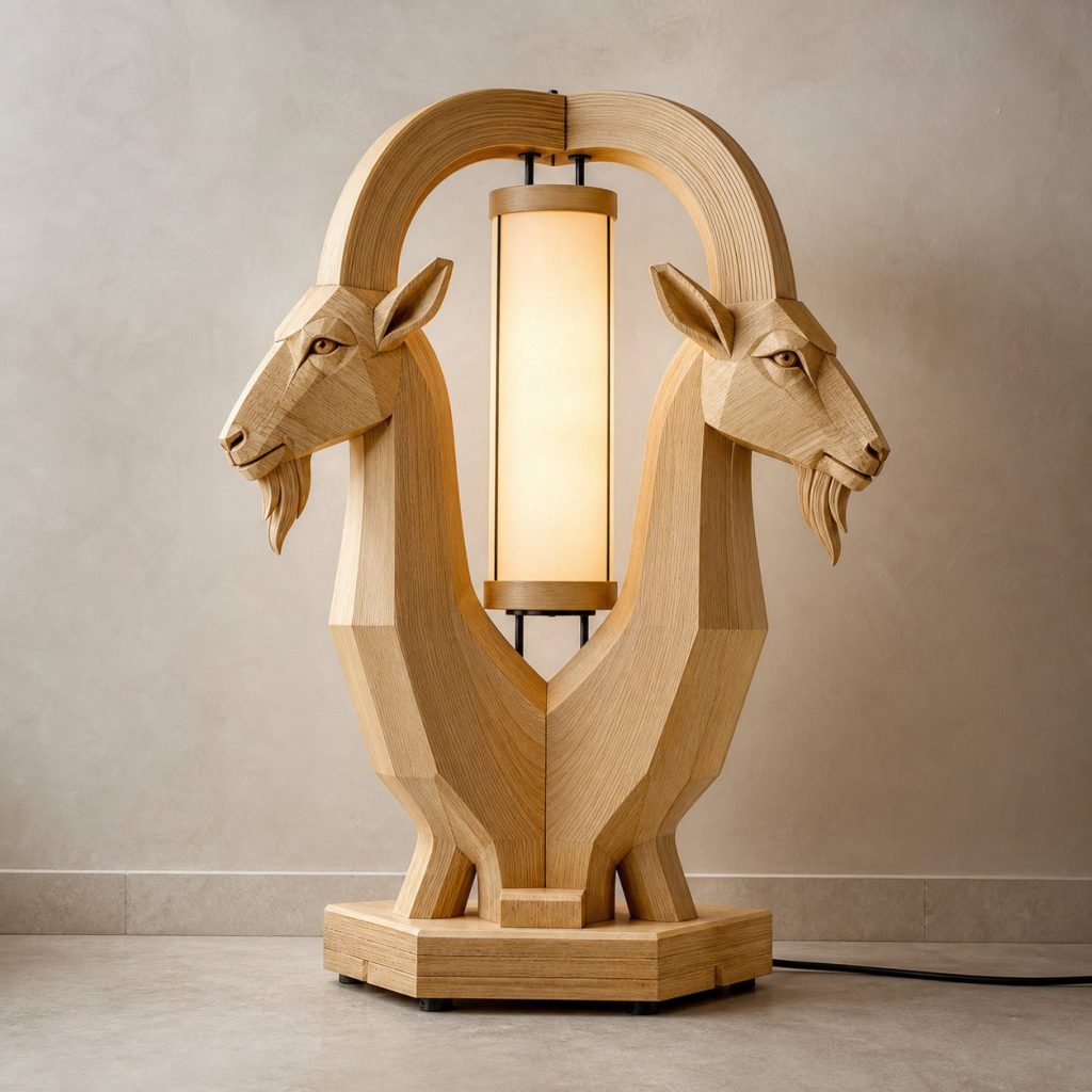 Twin-Horn Goat Floor Lamp shown as an original square photorealistic goat lamp made from natural light-yellow wood with fine grain and warm diffused light