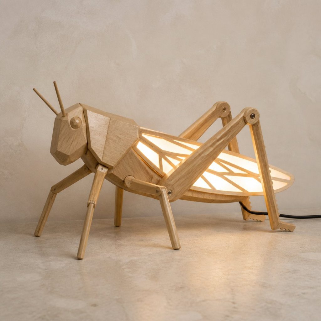 Faceted Grasshopper Lamp shown as an original square photorealistic grasshopper lamp made from natural light-yellow wood with fine grain and warm diffused light