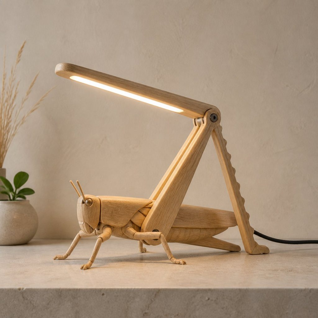 Grasshopper Hind-Leg Desk Task Lamp shown as an original square photorealistic grasshopper lamp made from natural light-yellow wood with fine grain and warm diffused light