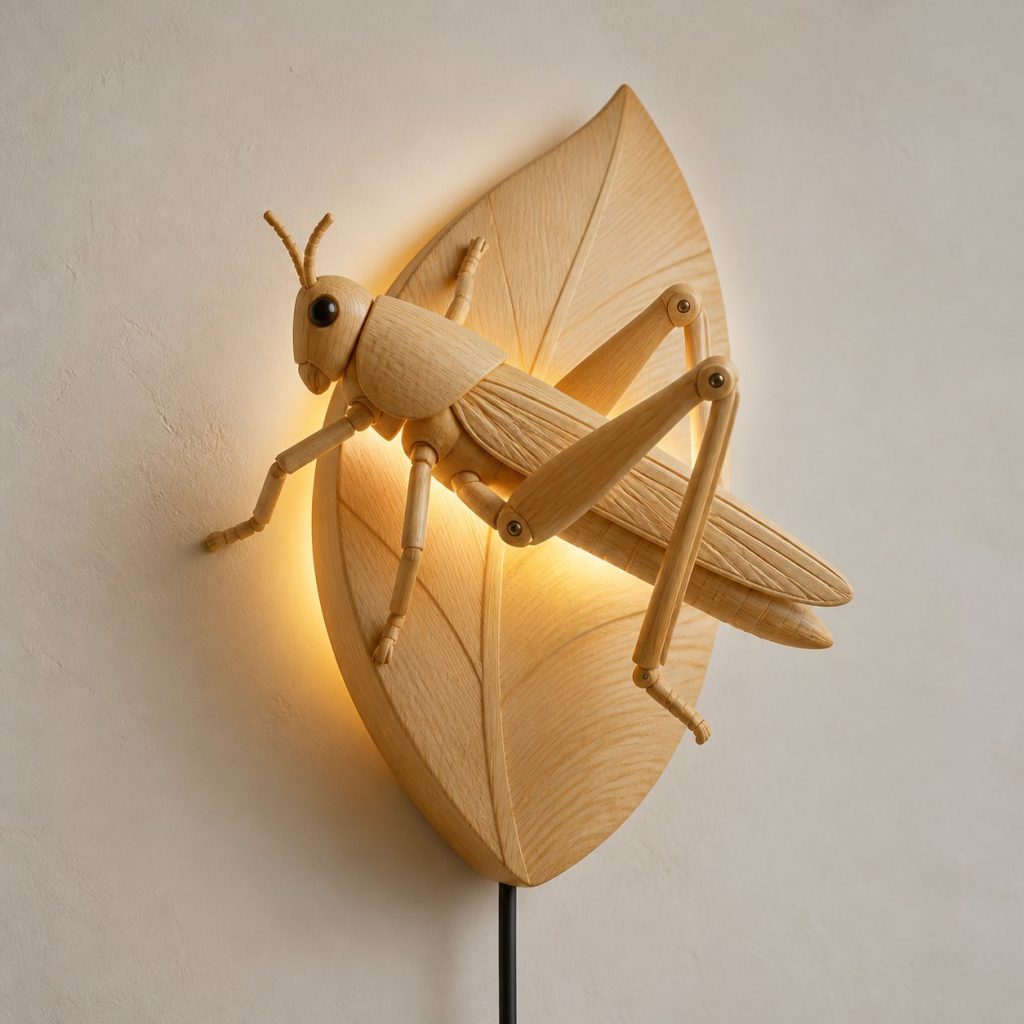 Leaping Grasshopper Wall Sconce shown as an original square photorealistic grasshopper lamp made from natural light-yellow wood with fine grain and warm diffused light