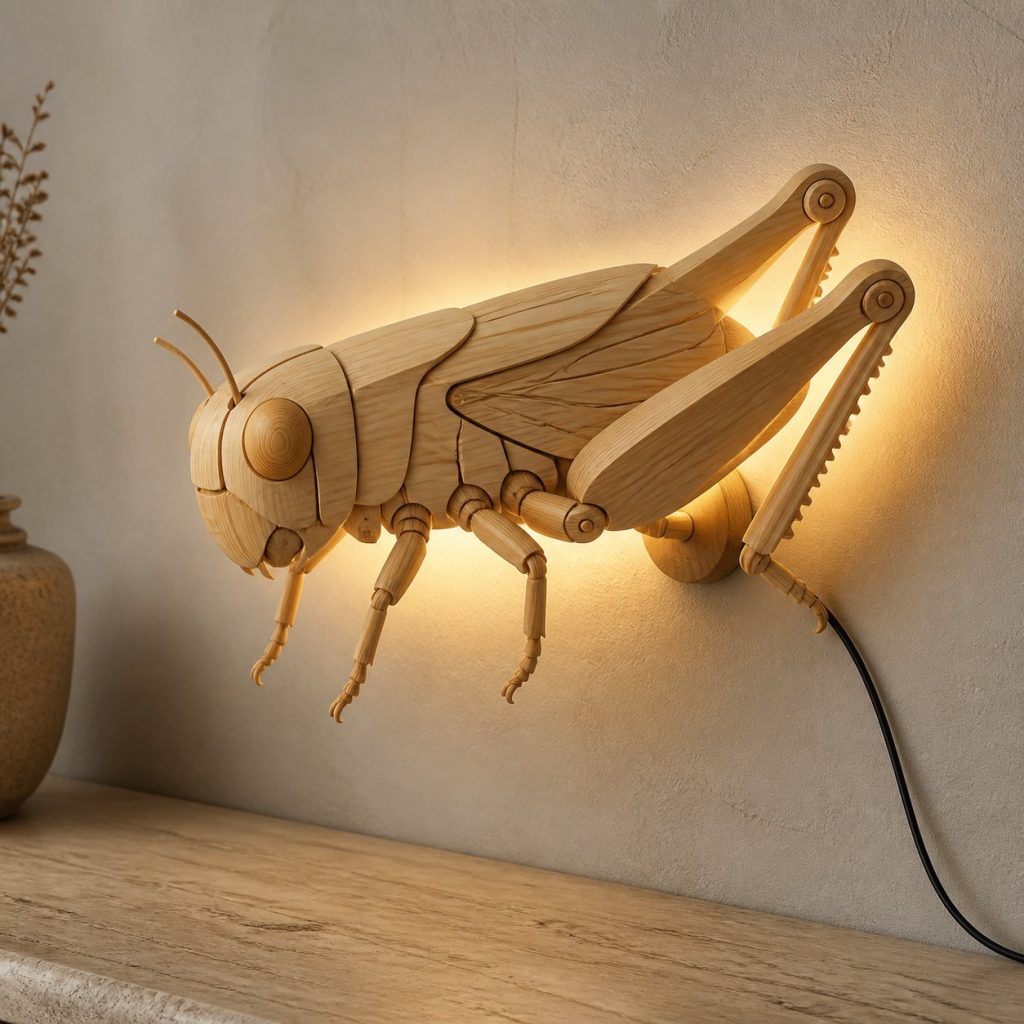 Layered Grasshopper Head Wall Lamp shown as an original square photorealistic grasshopper lamp made from natural light-yellow wood with fine grain and warm diffused light