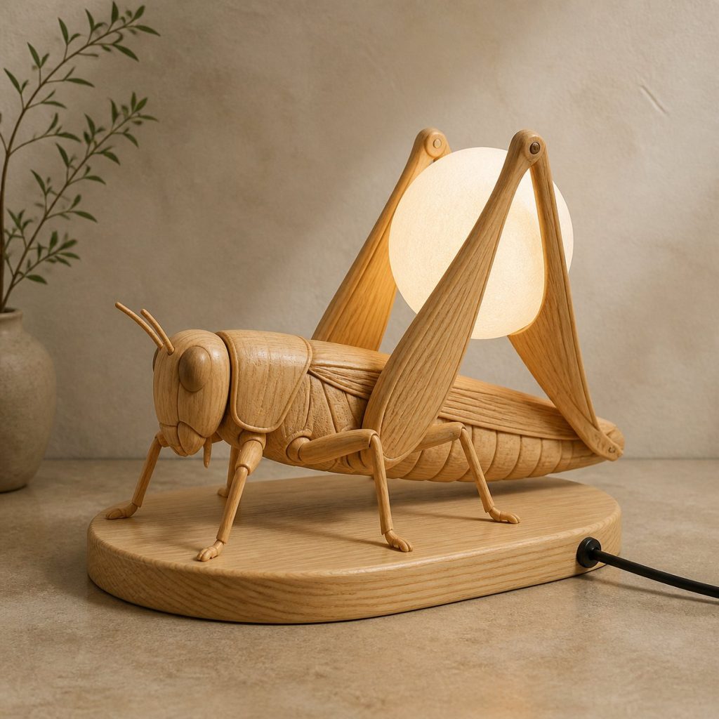 Grasshopper Orb Lamp shown as an original square photorealistic grasshopper lamp made from natural light-yellow wood with fine grain and warm diffused light