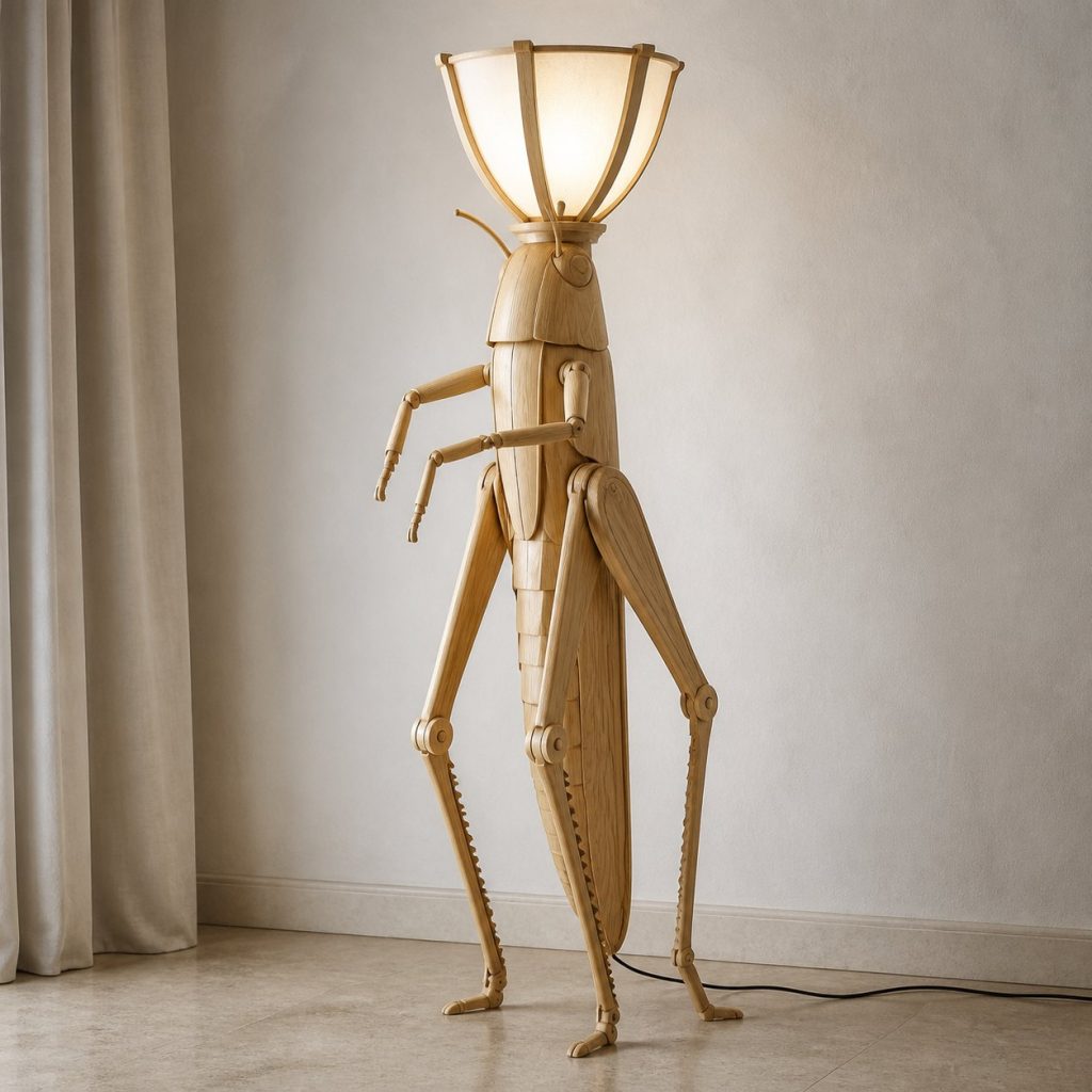 Tall Grasshopper Floor Lamp shown as an original square photorealistic grasshopper lamp made from natural light-yellow wood with fine grain and warm diffused light