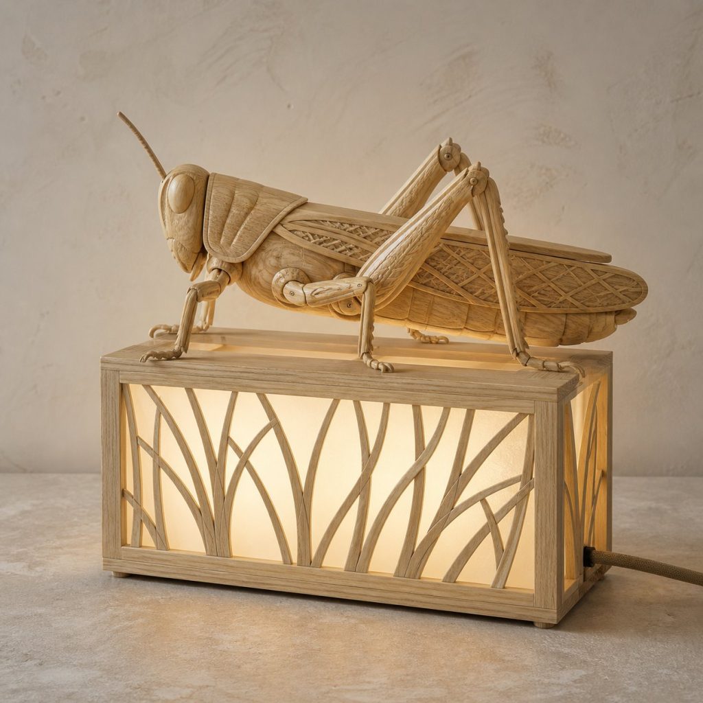 Meadow Grasshopper Lantern shown as an original square photorealistic grasshopper lamp made from natural light-yellow wood with fine grain and warm diffused light