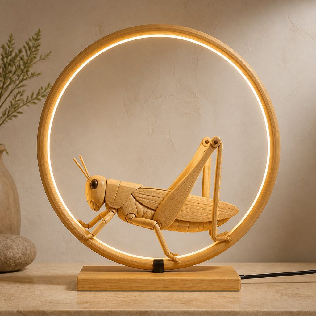 Grasshopper Field-Ring Lamp shown as an original square photorealistic grasshopper lamp made from natural light-yellow wood with fine grain and warm diffused light