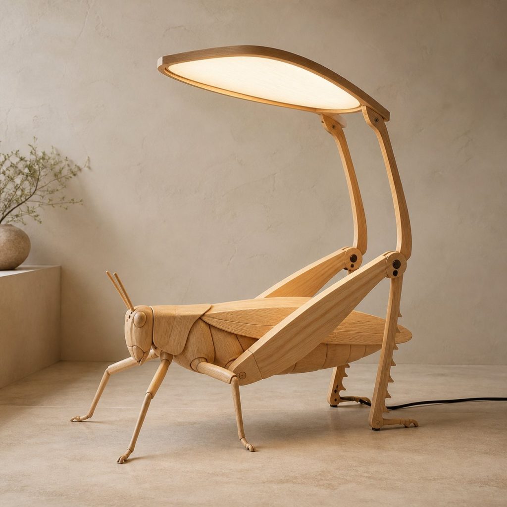 Paired-Hind-Leg Grasshopper Floor Lamp shown as an original square photorealistic grasshopper lamp made from natural light-yellow wood with fine grain and warm diffused light