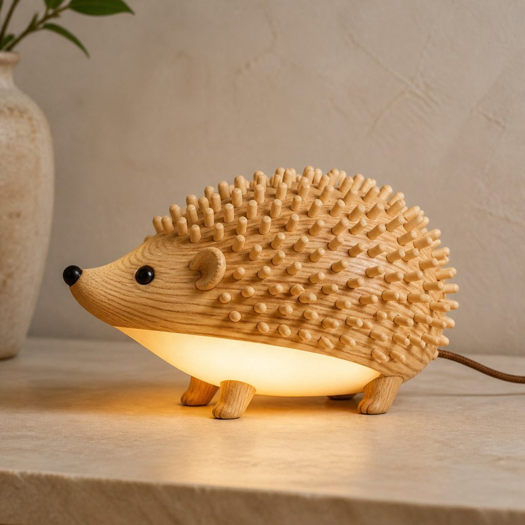 Hedgehog Profile Lamp shown as an original square photorealistic hedgehog lamp made from natural light-yellow wood with fine grain and warm diffused light