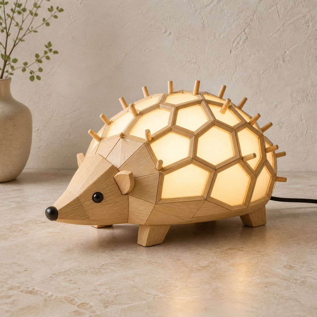 Faceted Hedgehog Lamp shown as an original square photorealistic hedgehog lamp made from natural light-yellow wood with fine grain and warm diffused light