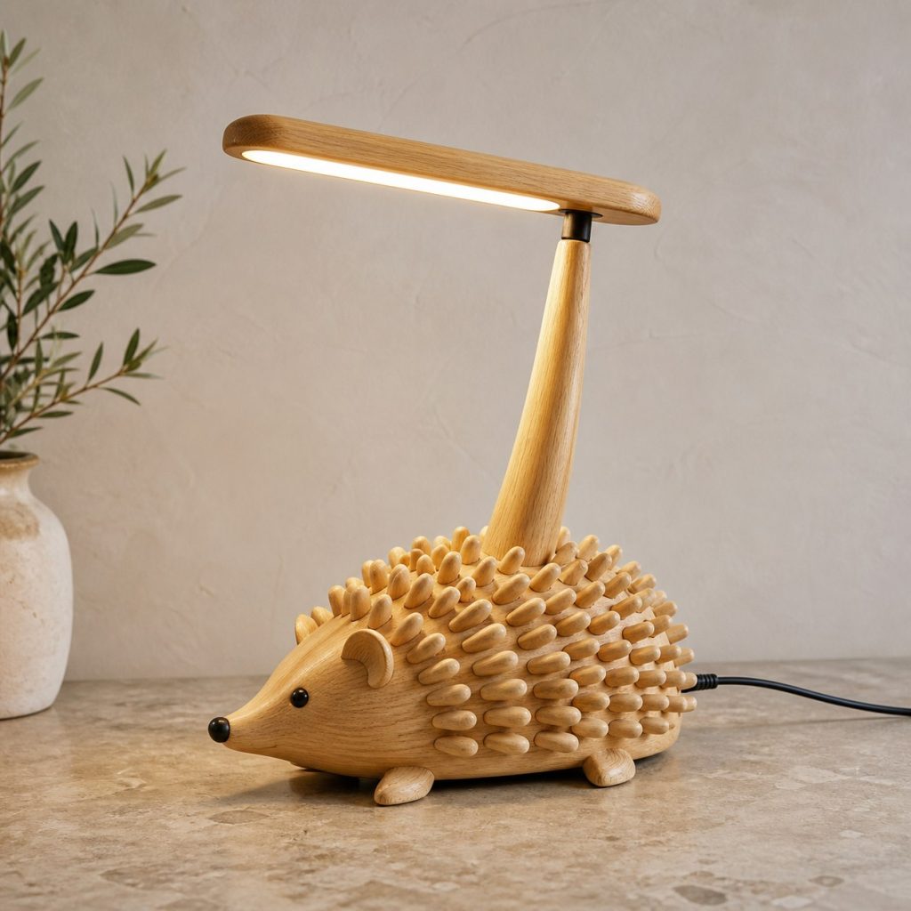 Hedgehog-Quill Desk Task Lamp shown as an original square photorealistic hedgehog lamp made from natural light-yellow wood with fine grain and warm diffused light