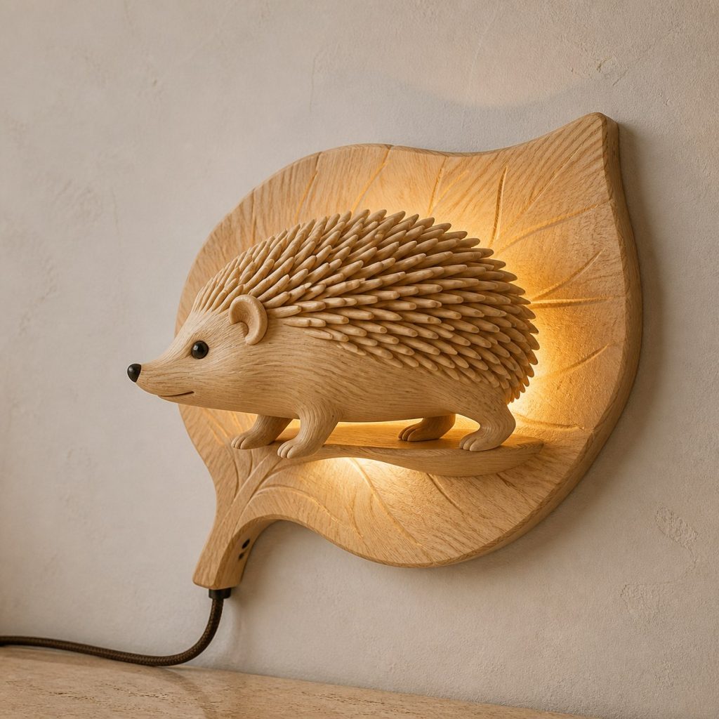Walking Hedgehog Wall Sconce shown as an original square photorealistic hedgehog lamp made from natural light-yellow wood with fine grain and warm diffused light