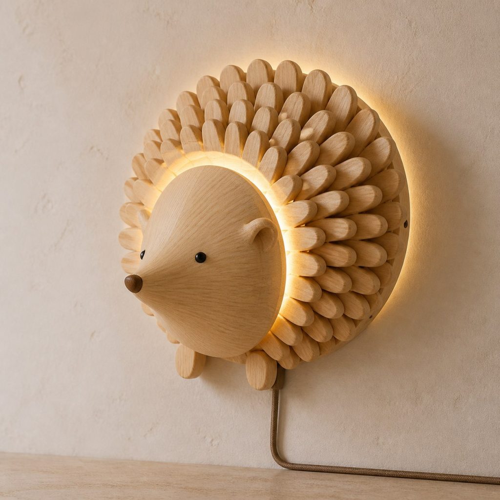 Layered Hedgehog Face Wall Lamp shown as an original square photorealistic hedgehog lamp made from natural light-yellow wood with fine grain and warm diffused light