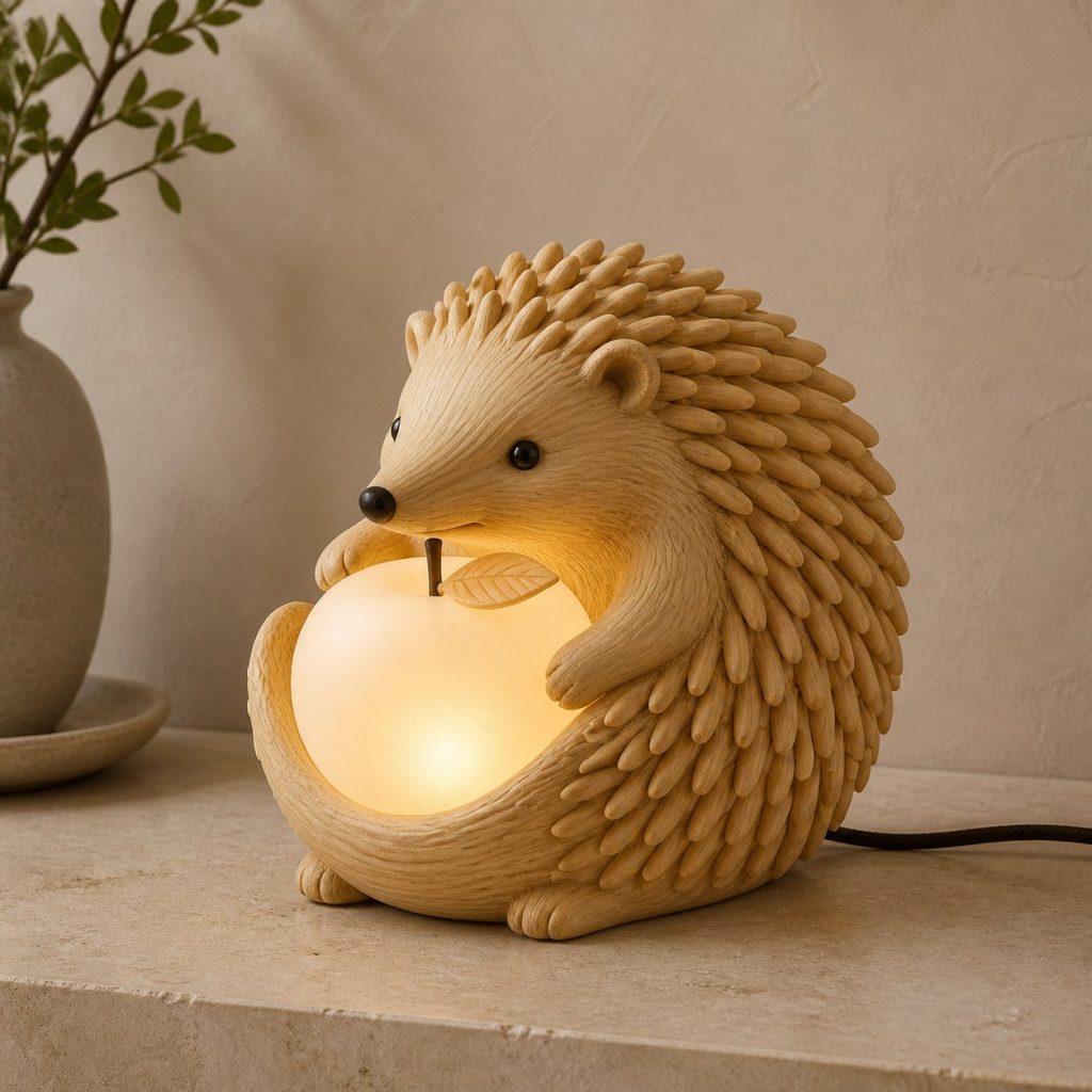 Hedgehog Orb Lamp shown as an original square photorealistic hedgehog lamp made from natural light-yellow wood with fine grain and warm diffused light