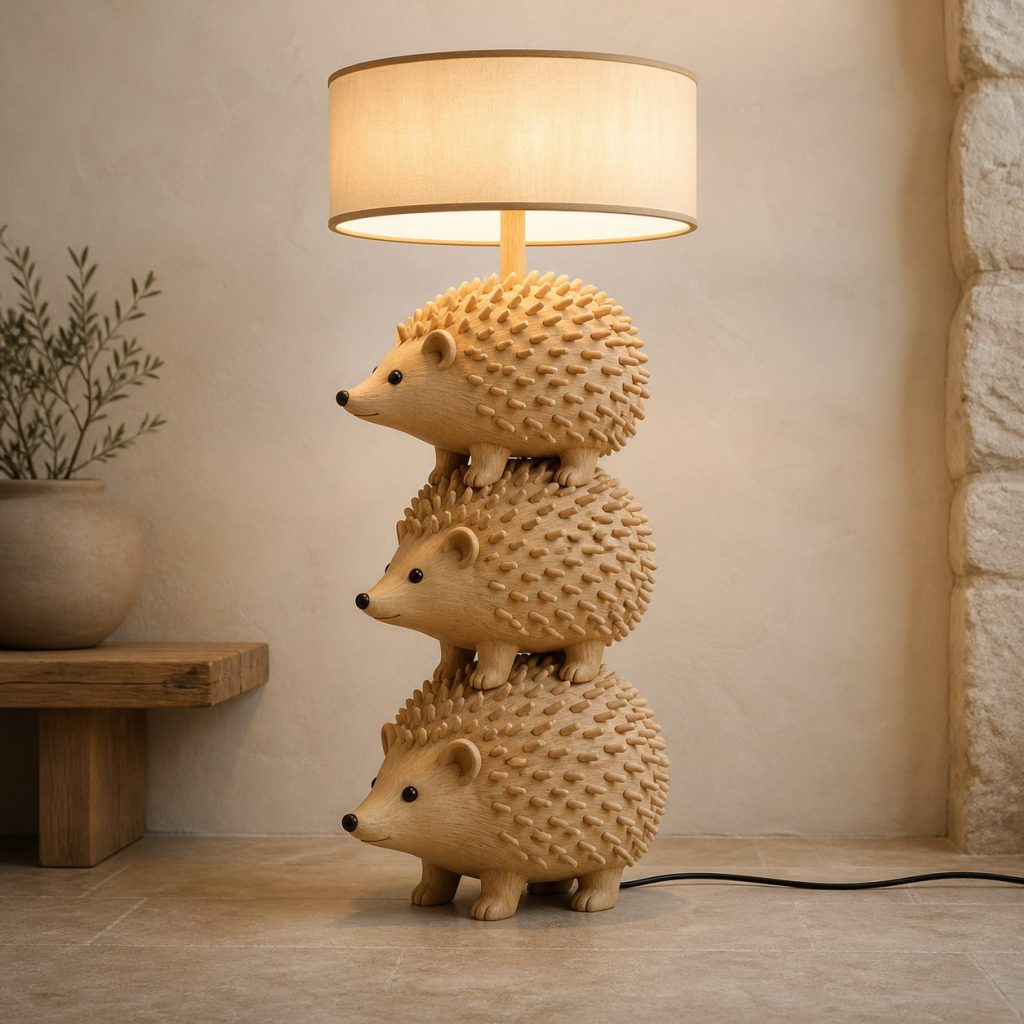 Stacked Hedgehog Floor Lamp shown as an original square photorealistic hedgehog lamp made from natural light-yellow wood with fine grain and warm diffused light