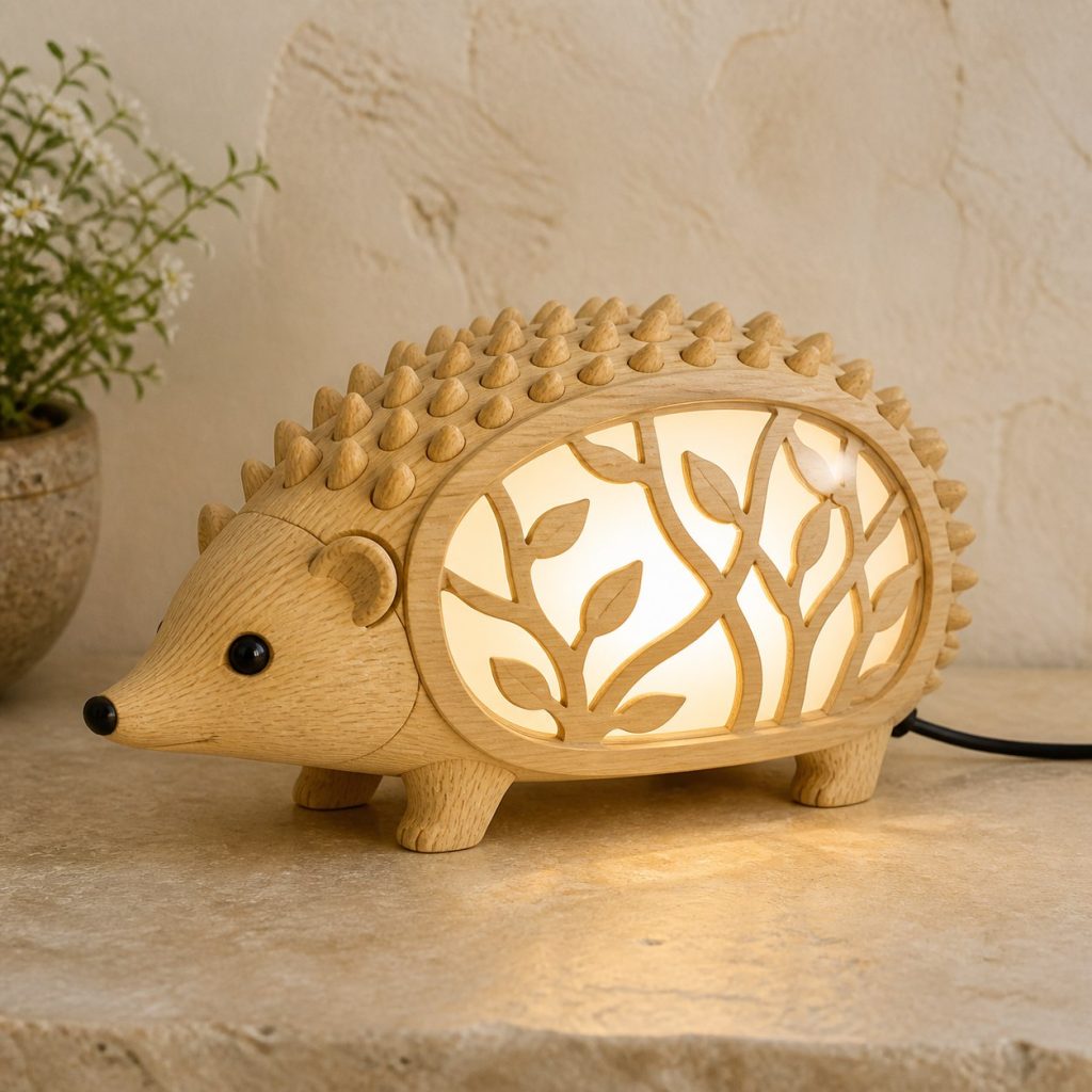 Woodland Hedgehog Lantern shown as an original square photorealistic hedgehog lamp made from natural light-yellow wood with fine grain and warm diffused light