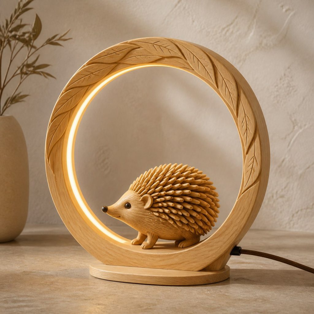 Hedgehog Moon-Ring Lamp shown as an original square photorealistic hedgehog lamp made from natural light-yellow wood with fine grain and warm diffused light
