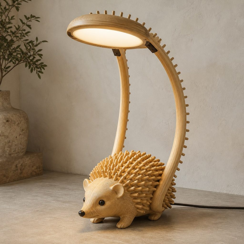 Paired-Quill Hedgehog Floor Lamp shown as an original square photorealistic hedgehog lamp made from natural light-yellow wood with fine grain and warm diffused light