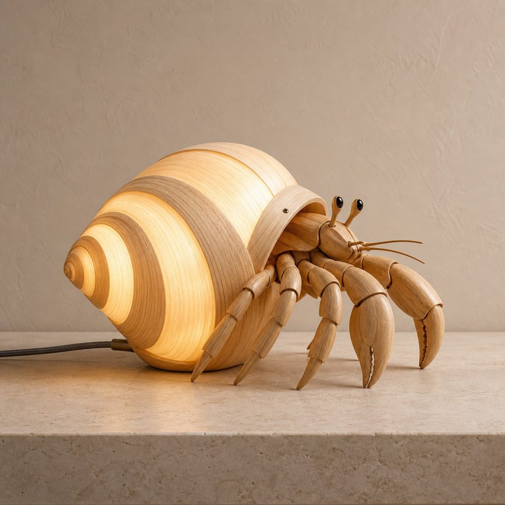 Hermit Crab Profile Lamp shown as an original square photorealistic hermit crab lamp made from natural light-yellow wood with fine grain and warm diffused light