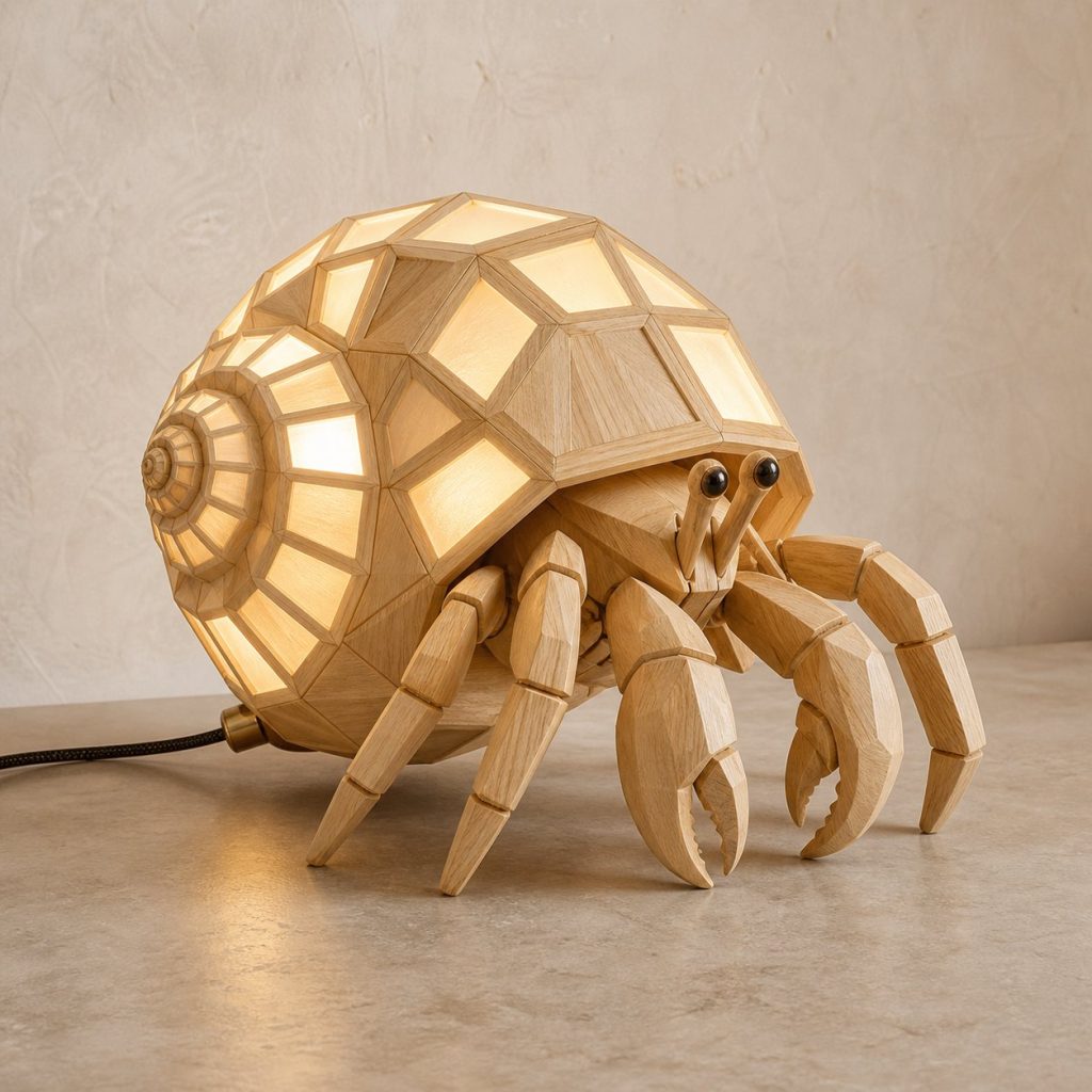 Faceted Hermit Crab Lamp shown as an original square photorealistic hermit crab lamp made from natural light-yellow wood with fine grain and warm diffused light
