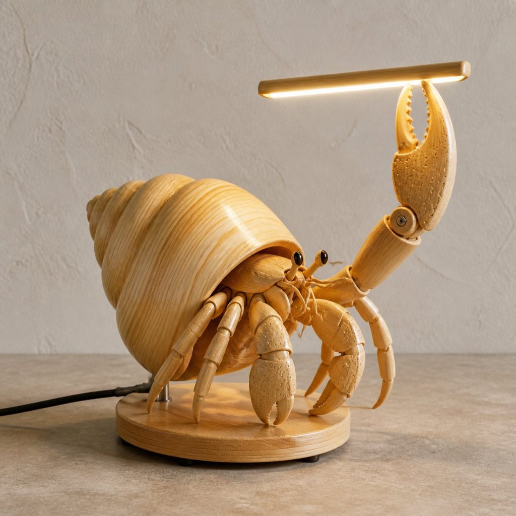 Hermit Crab Claw Desk Task Lamp shown as an original square photorealistic hermit crab lamp made from natural light-yellow wood with fine grain and warm diffused light