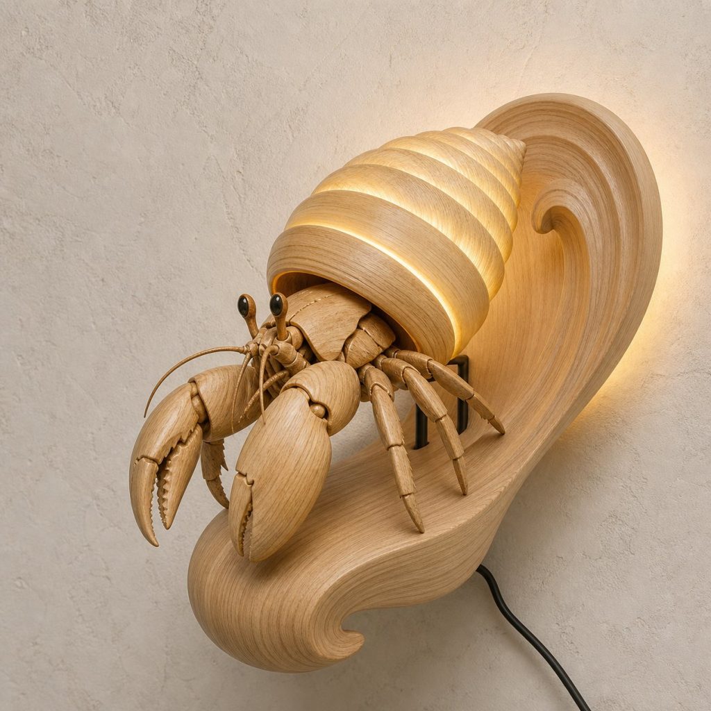 Climbing Hermit Crab Wall Sconce shown as an original square photorealistic hermit crab lamp made from natural light-yellow wood with fine grain and warm diffused light