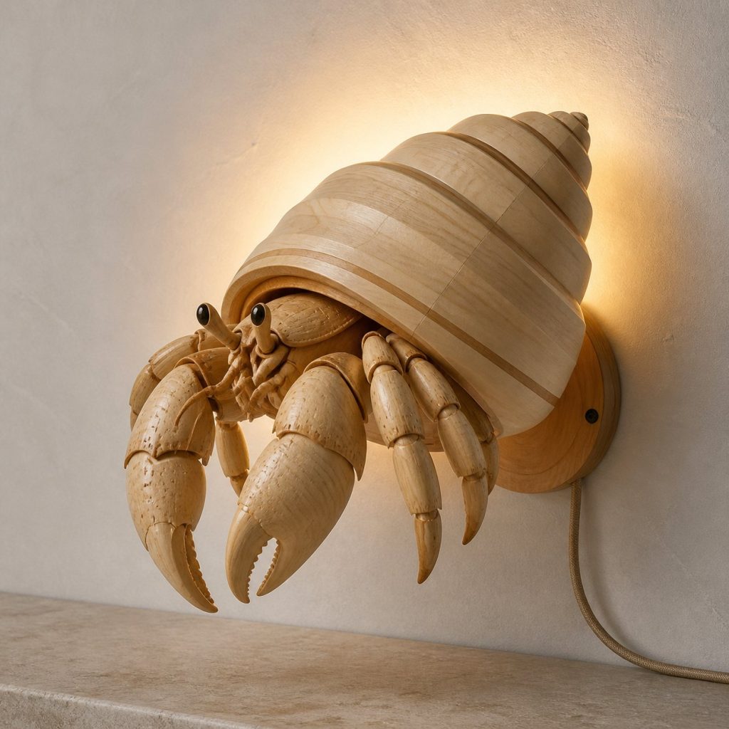 Layered Hermit Crab Wall Lamp shown as an original square photorealistic hermit crab lamp made from natural light-yellow wood with fine grain and warm diffused light