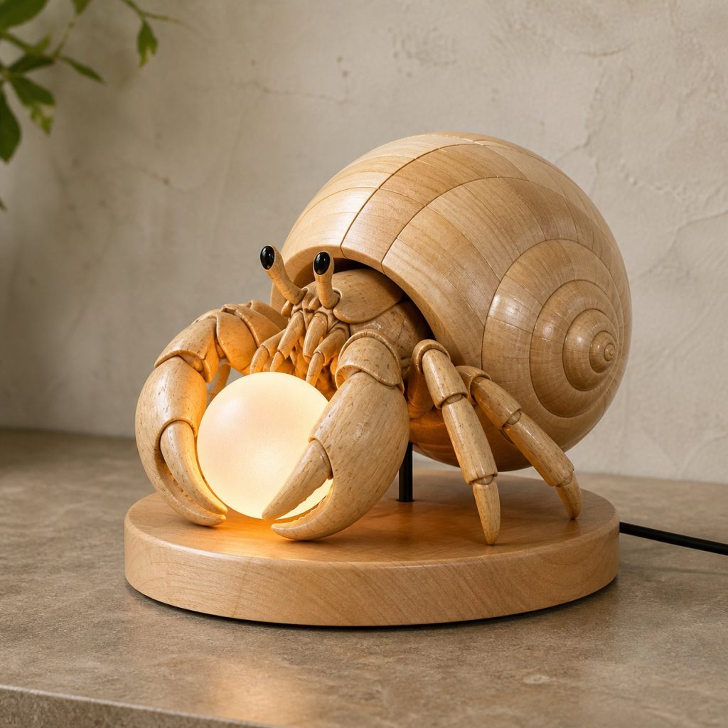 Hermit Crab Pearl Orb Lamp shown as an original square photorealistic hermit crab lamp made from natural light-yellow wood with fine grain and warm diffused light