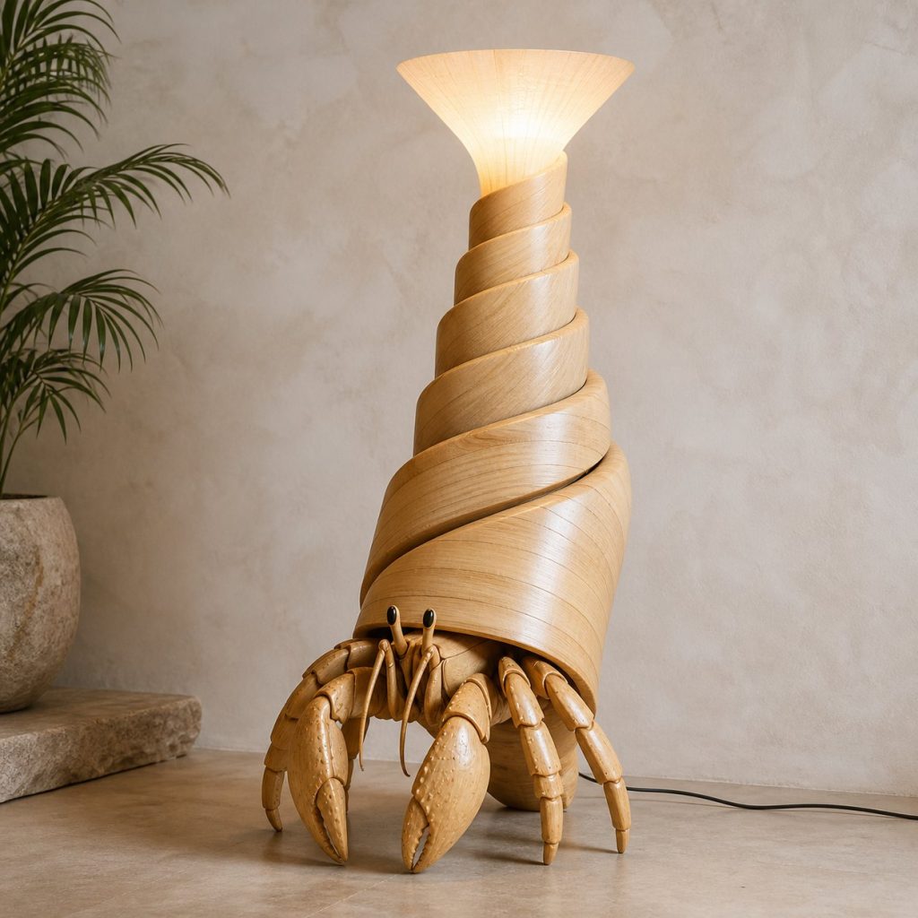 Tall Hermit Crab Floor Lamp shown as an original square photorealistic hermit crab lamp made from natural light-yellow wood with fine grain and warm diffused light