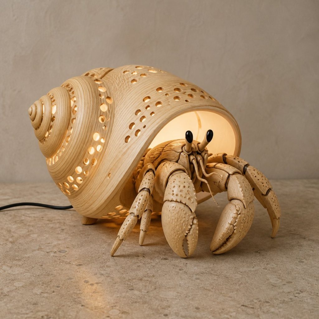 Tide-Pool Hermit Crab Lantern shown as an original square photorealistic hermit crab lamp made from natural light-yellow wood with fine grain and warm diffused light