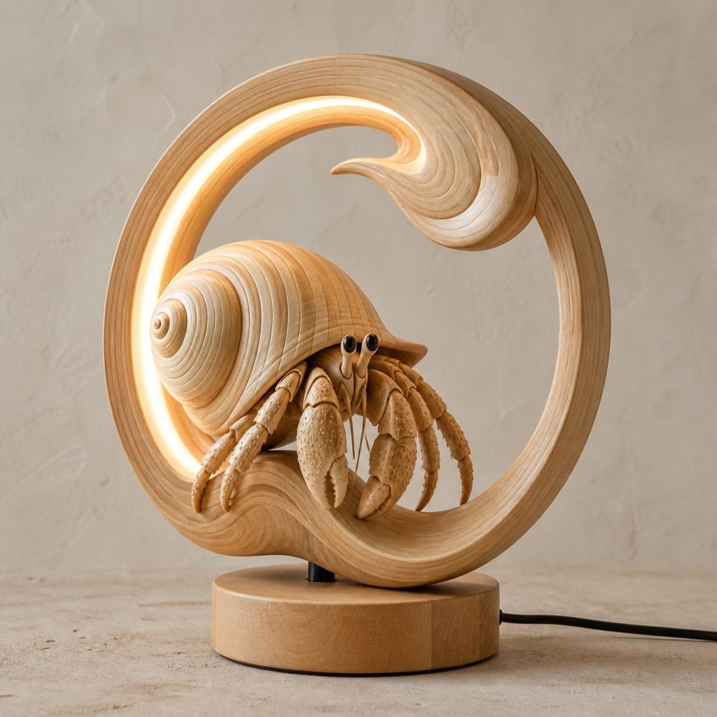 Hermit Crab Wave-Ring Lamp shown as an original square photorealistic hermit crab lamp made from natural light-yellow wood with fine grain and warm diffused light