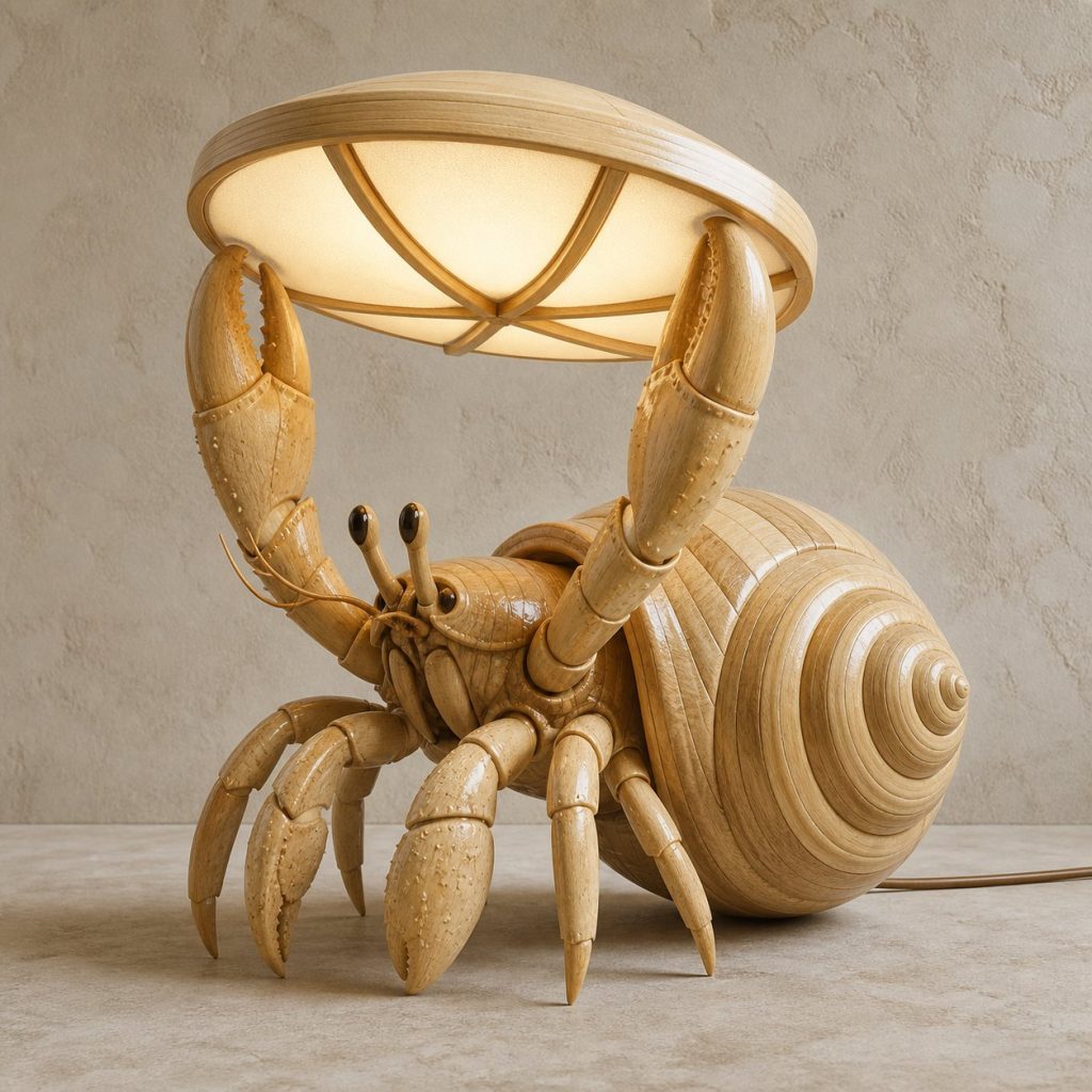 Paired-Claw Hermit Crab Floor Lamp shown as an original square photorealistic hermit crab lamp made from natural light-yellow wood with fine grain and warm diffused light