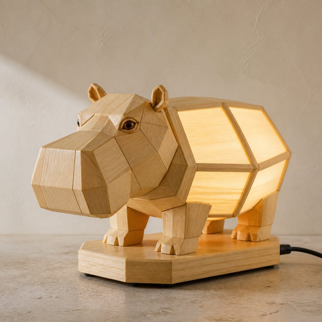 Faceted Hippo Lamp shown as an original square photorealistic hippo lamp made from natural light-yellow wood with fine grain and warm diffused light